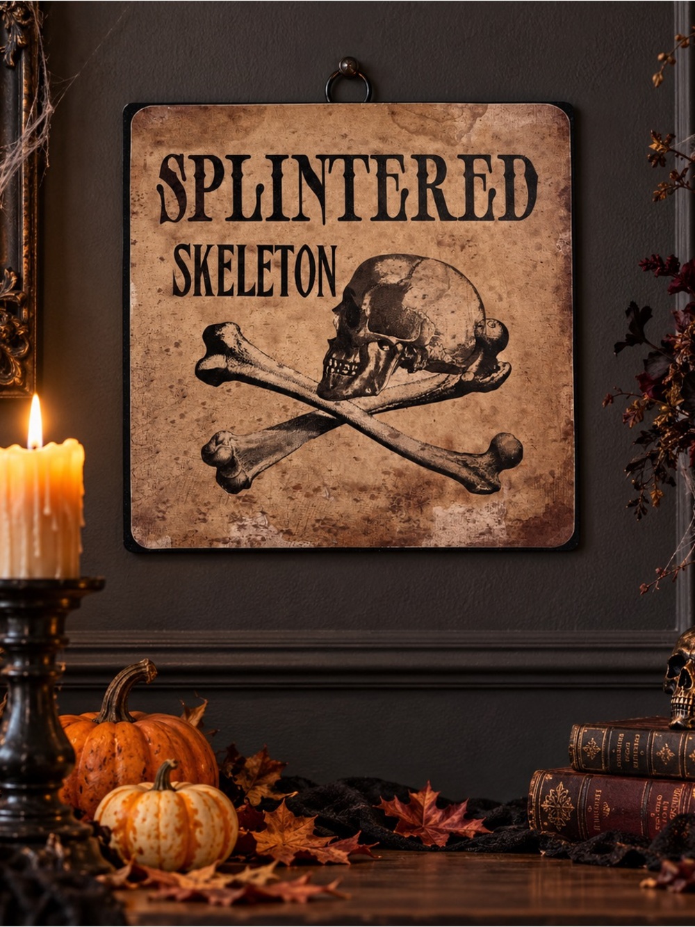 Splintered Skeleton Skull & Crossbones Halloween Metal Sign